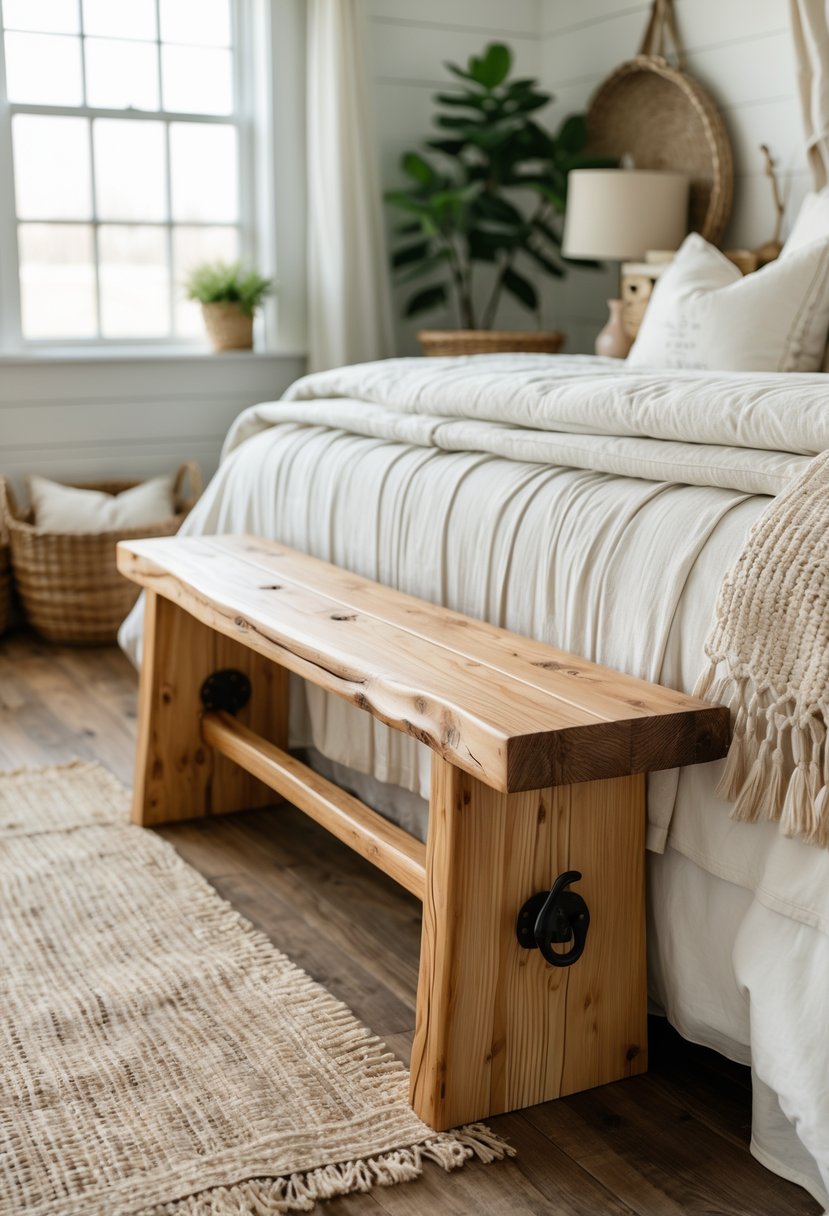 A wooden bench at the foot of a bed in a cozy bedroom with natural light and simple decor.