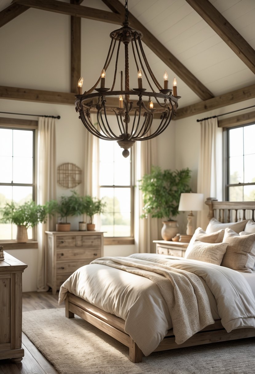 A bedroom with a wrought iron chandelier hanging above a bed, featuring wooden furniture and natural light.