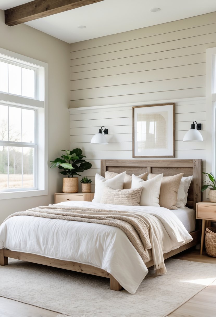 A bright bedroom with a painted shiplap accent wall, a bed with white linens, wooden nightstands, lamps, and plants.