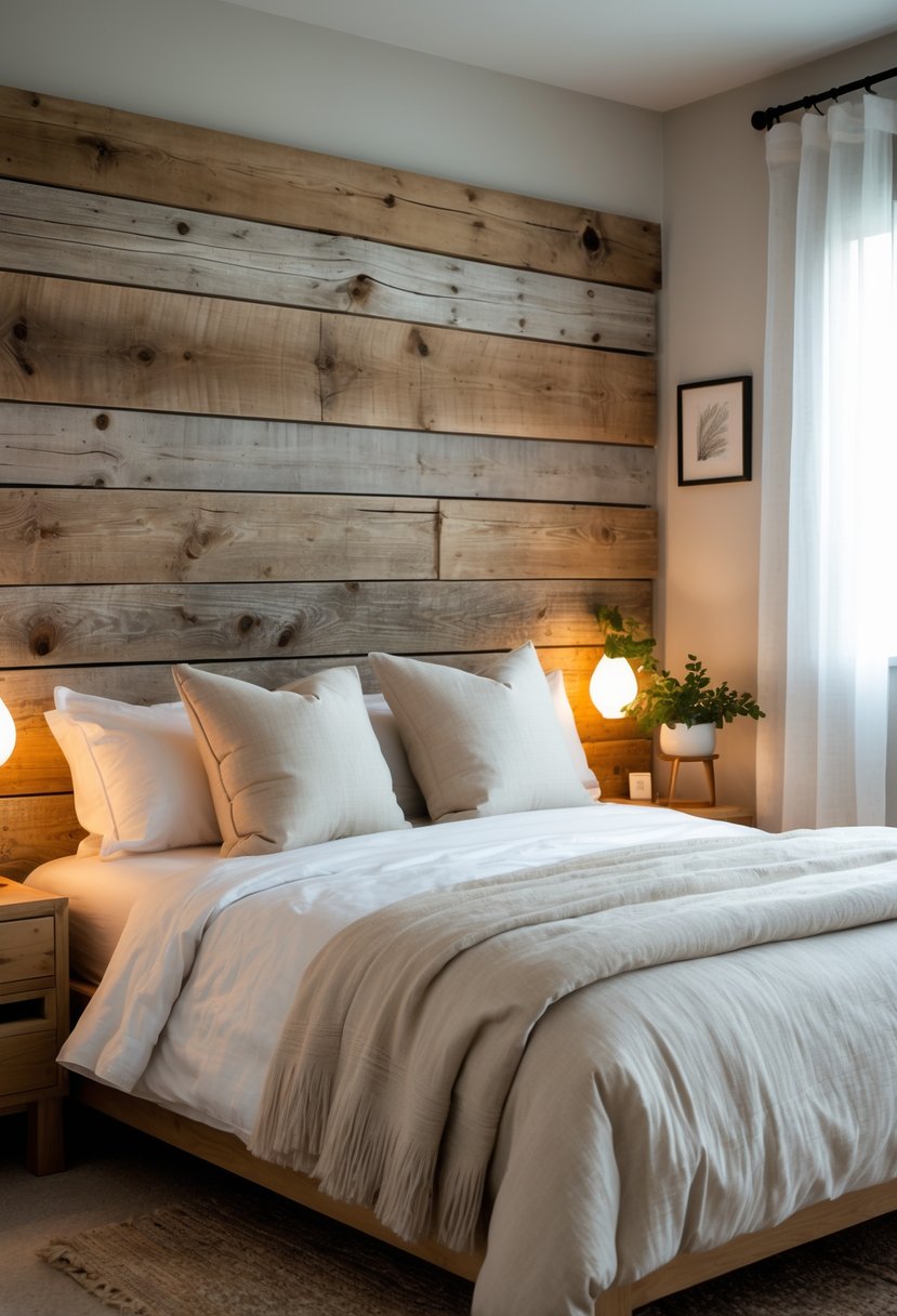 A bedroom with a bed that has a large wooden headboard and bedside tables with lamps.