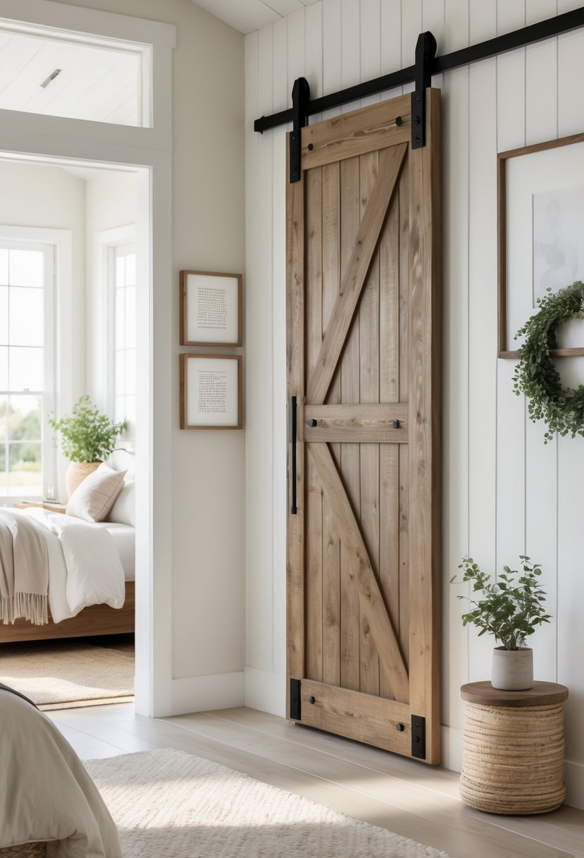 A bedroom with a wooden barn door closet, a bed, nightstand, and natural light coming through windows.