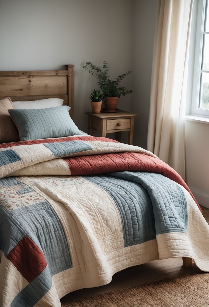 A bedroom with a bed covered in a vintage quilt, wooden furniture, a potted plant, and soft natural light coming through a window.