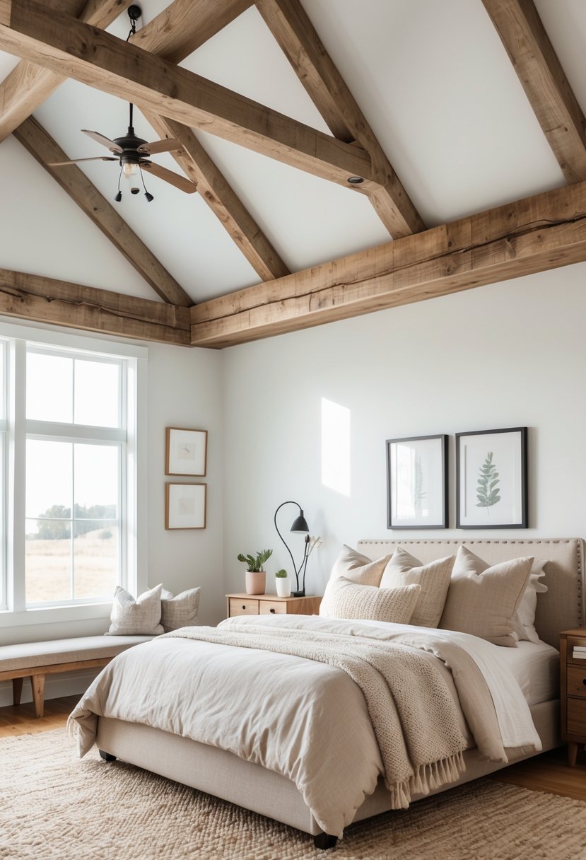 A bright bedroom with exposed wooden ceiling beams, a neatly made bed, wooden nightstand with a plant, and soft natural lighting.