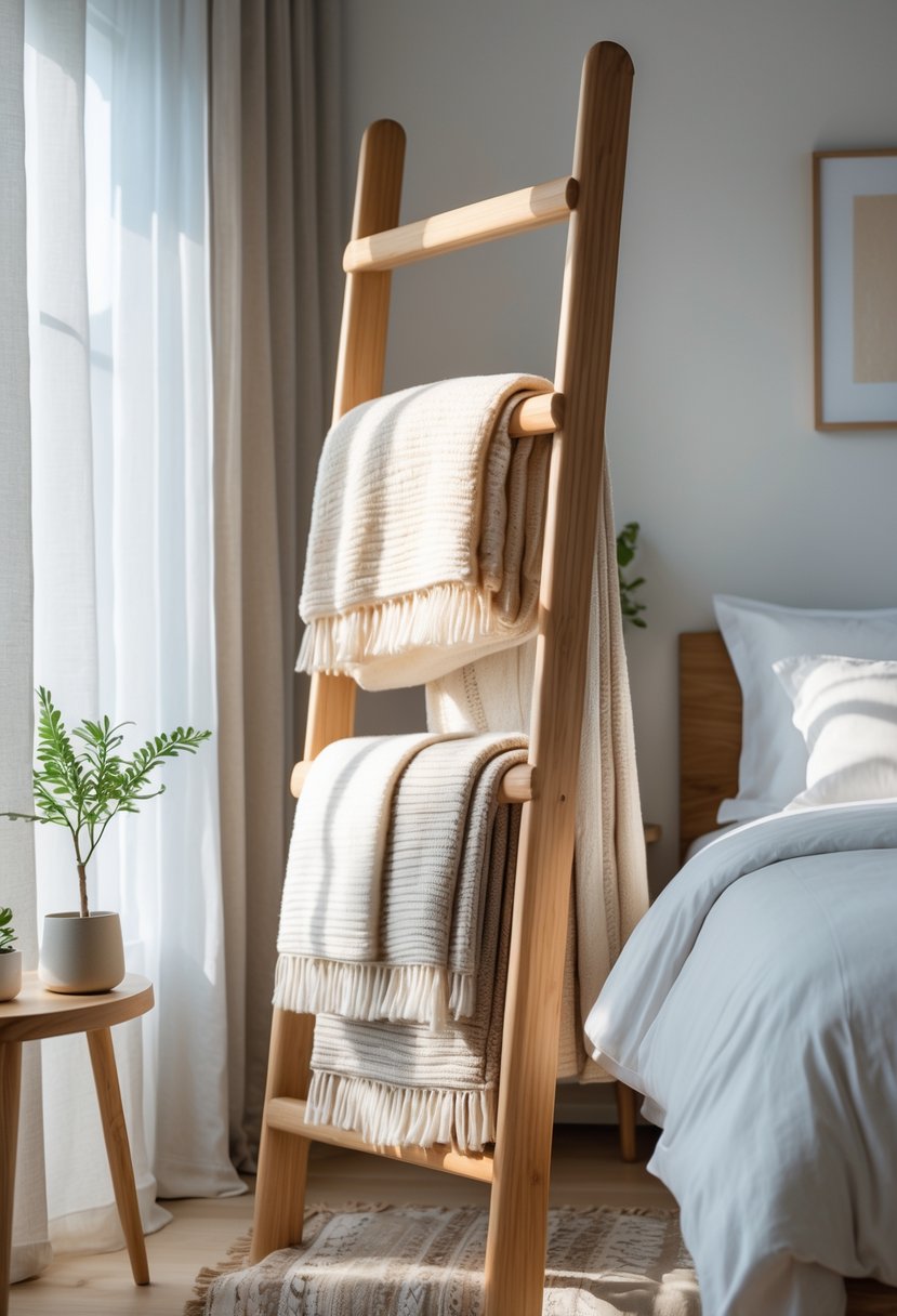 A bedroom with a wooden ladder-style blanket rack holding folded blankets next to a neatly made bed with pillows and soft natural light coming through a window.
