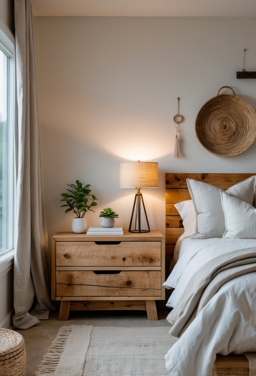 A bedroom with wooden nightstands on each side of a bed, decorated with lamps, plants, and books.