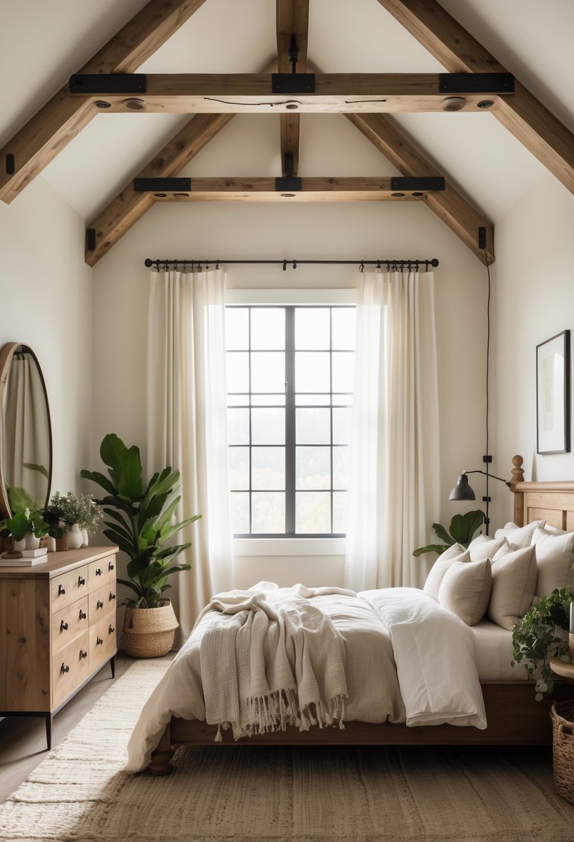 A cozy bedroom with a bed, wooden furniture with brass hardware, natural light, and rustic decorative elements.