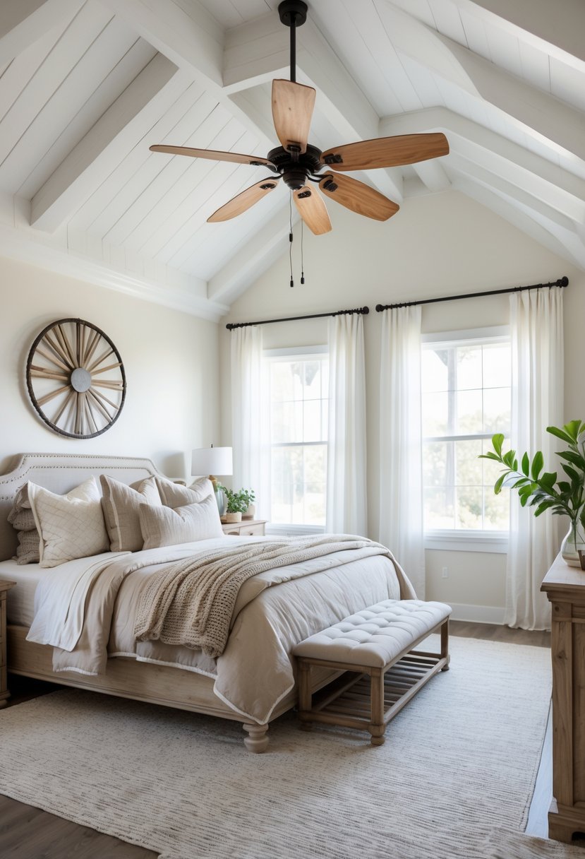 A bright bedroom with a ceiling fan, a bed with pillows, wooden furniture, and natural light coming through windows.