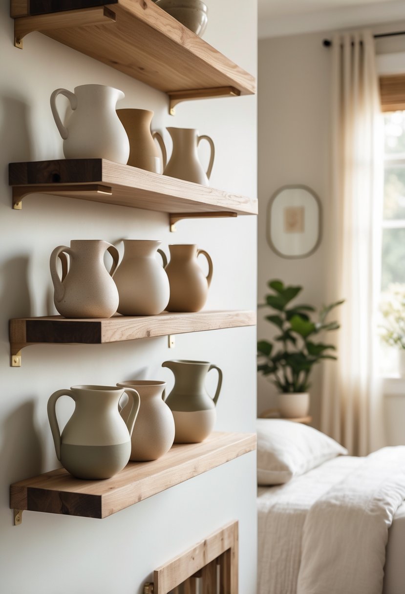 Open wooden shelves holding ceramic pitchers above a bed in a cozy bedroom.