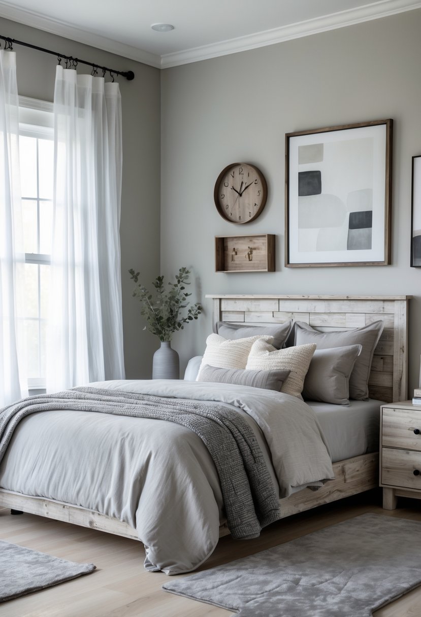 A bedroom with a bed, wooden headboard, nightstands, soft natural light, and simple decor in shades of gray.
