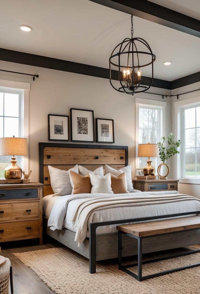 A bedroom with a bed, bedside tables, lamps, a window, and various metal accents creating a warm and inviting atmosphere.