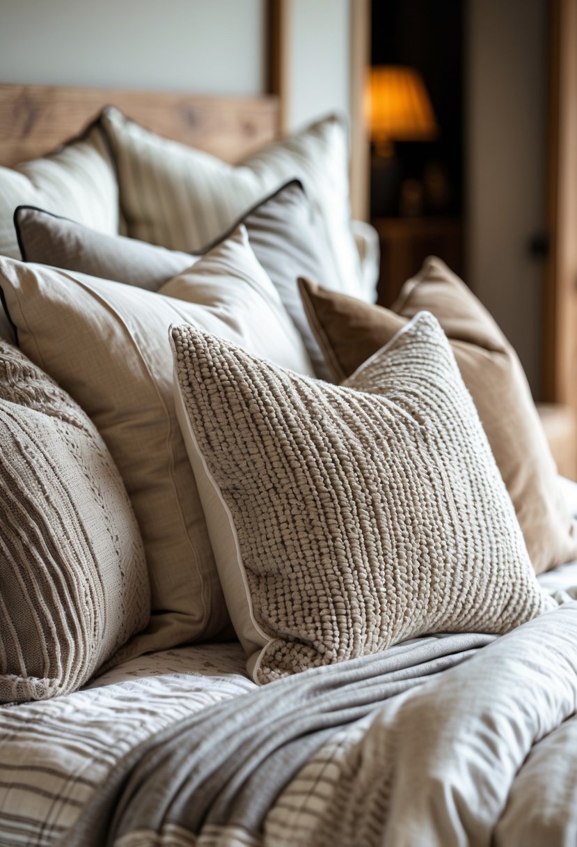 A bed with multiple layered throw pillows of different textures and neutral colors in a warmly lit bedroom.