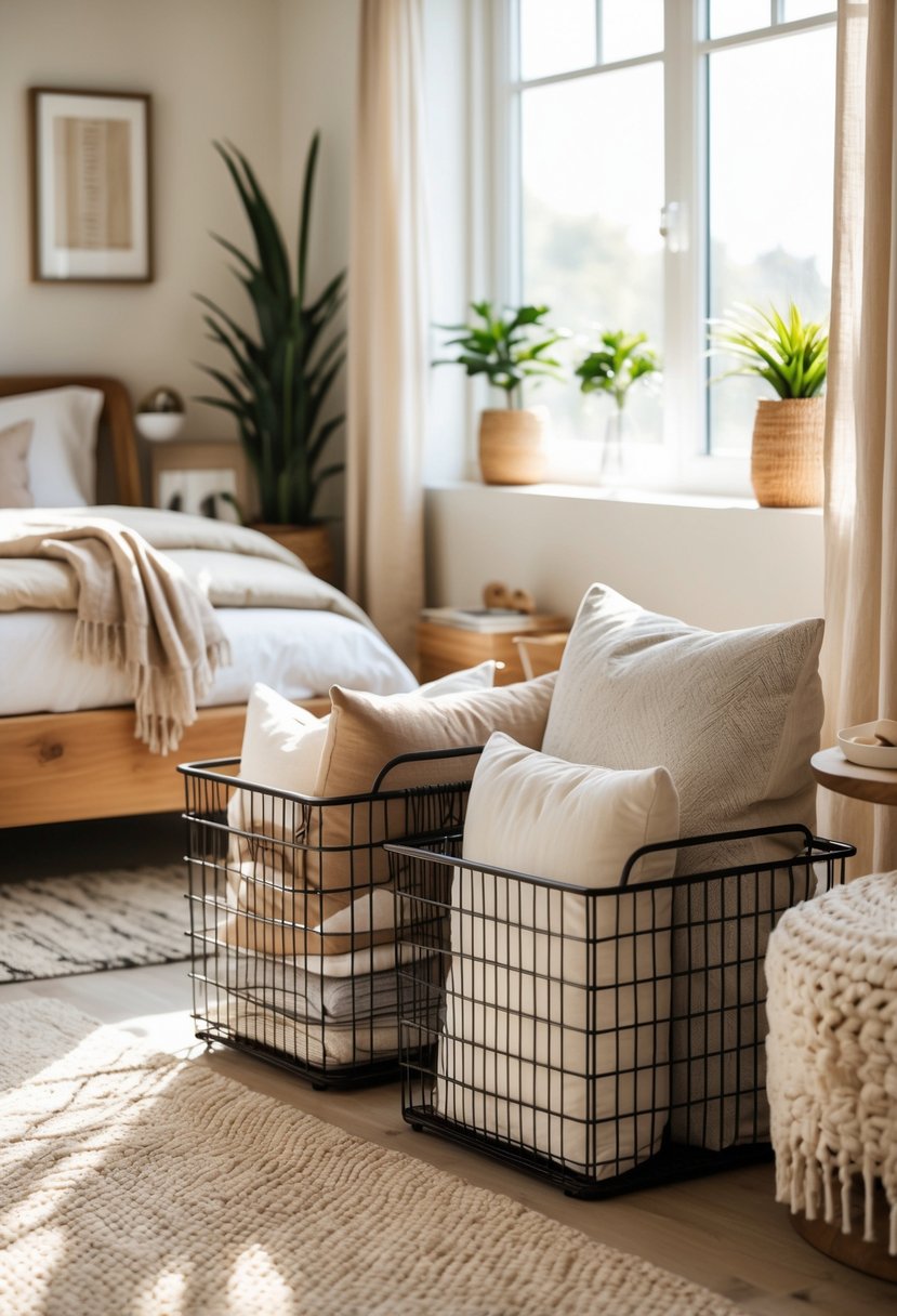 A bedroom with a bed and wire basket storage holding blankets and pillows near a window with natural light.