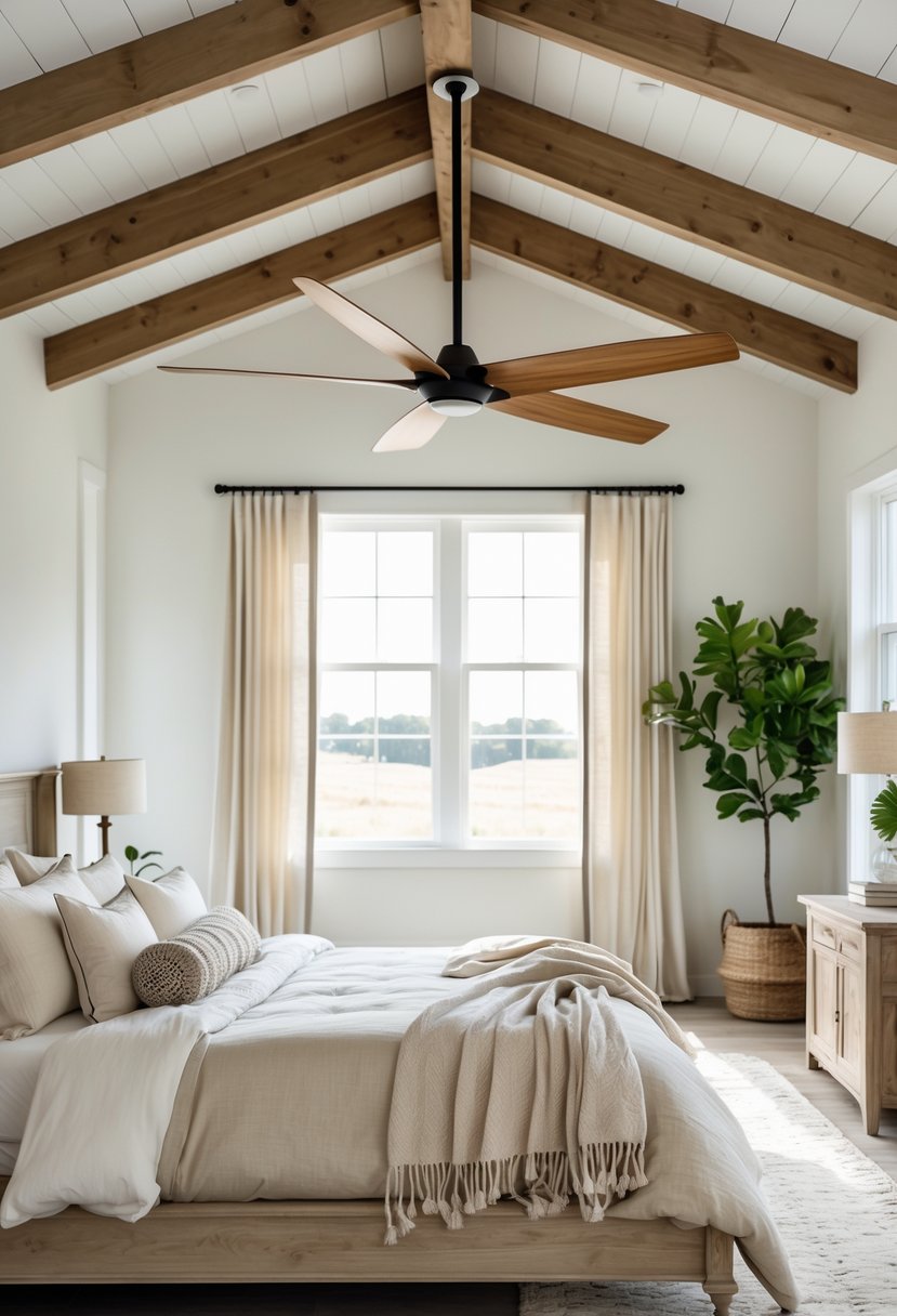 A bedroom with a wooden beam ceiling and a ceiling fan, featuring a neatly made bed and natural light coming through the windows.