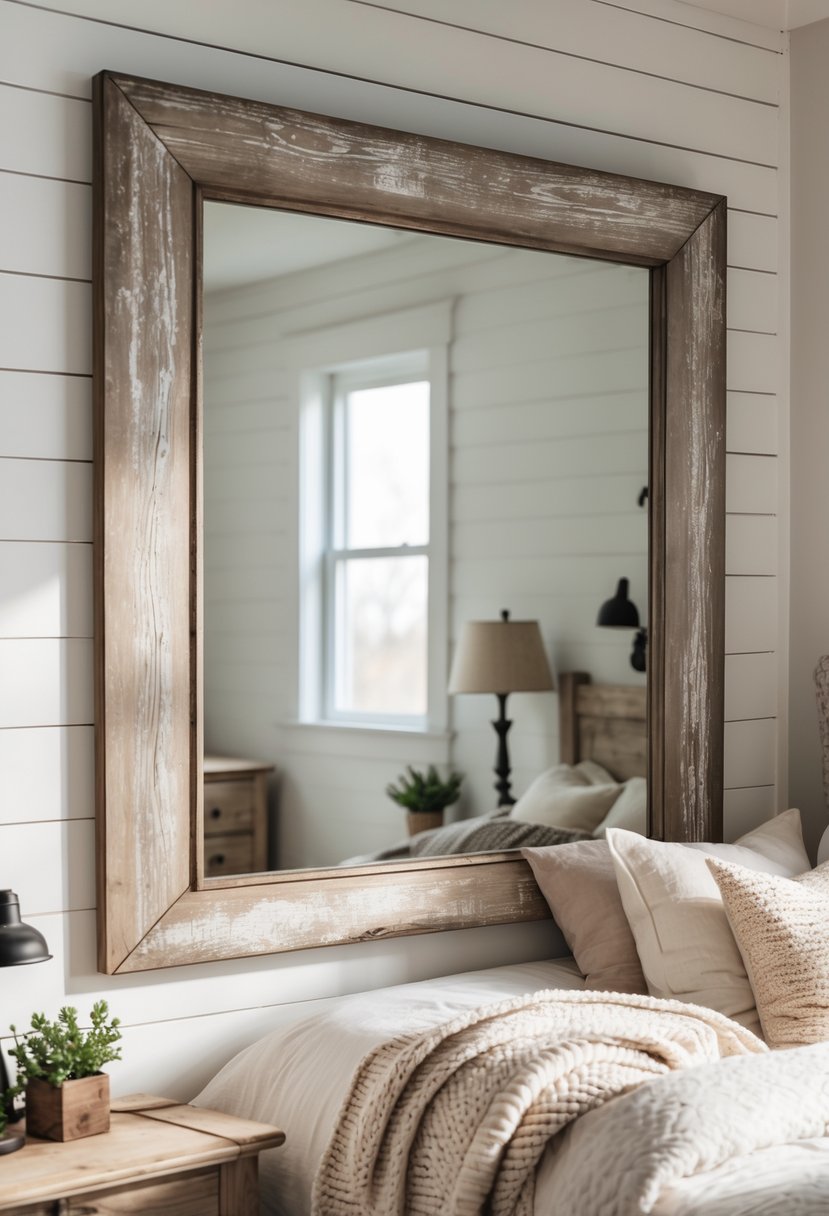 A bedroom with a large mirror on the wall reflecting natural light, a bed with pillows and a throw, and a nightstand with a plant and lamp.