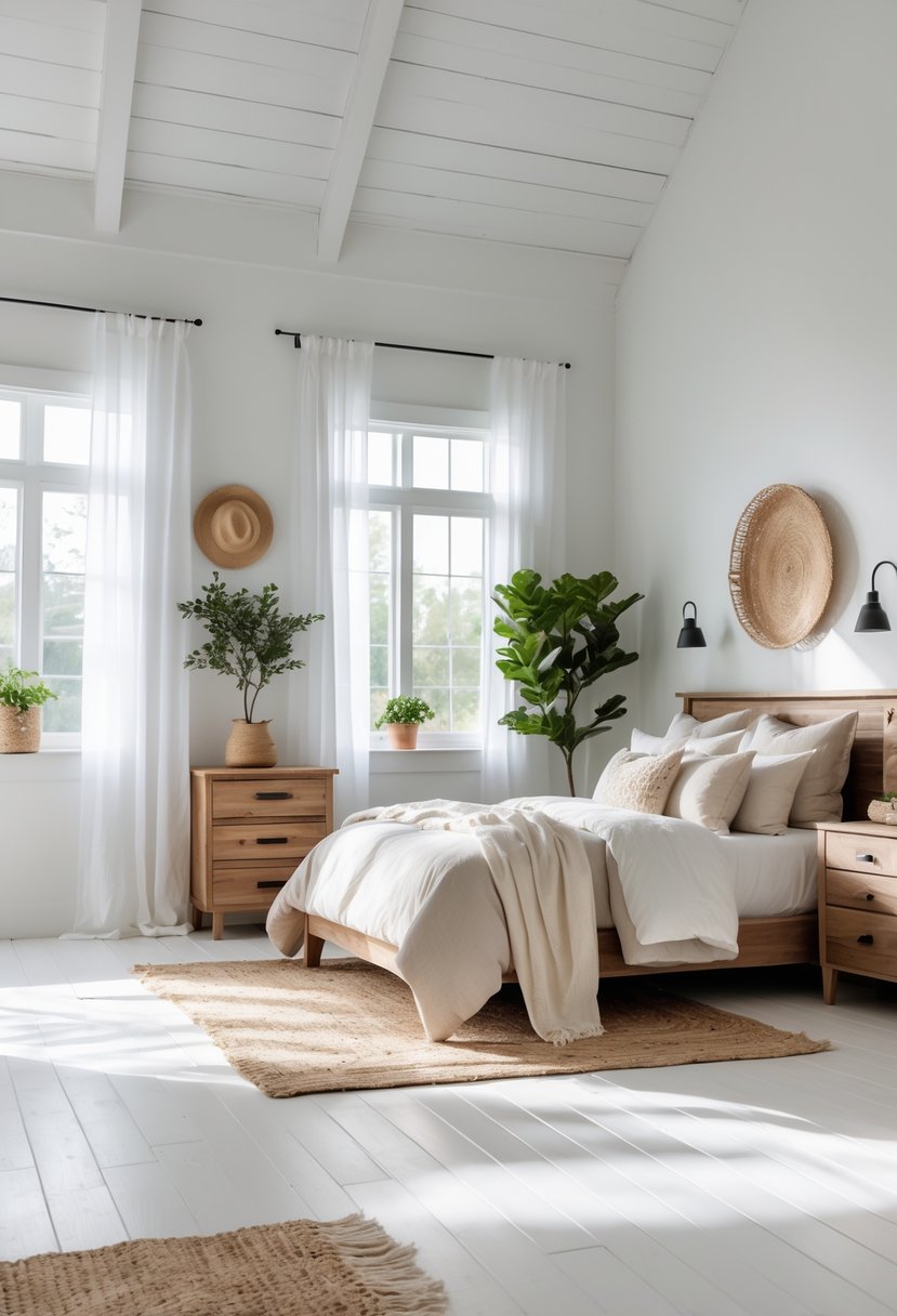 A bright bedroom with whitewashed hardwood floors, a bed with neutral bedding, wooden furniture, and large windows letting in natural light.