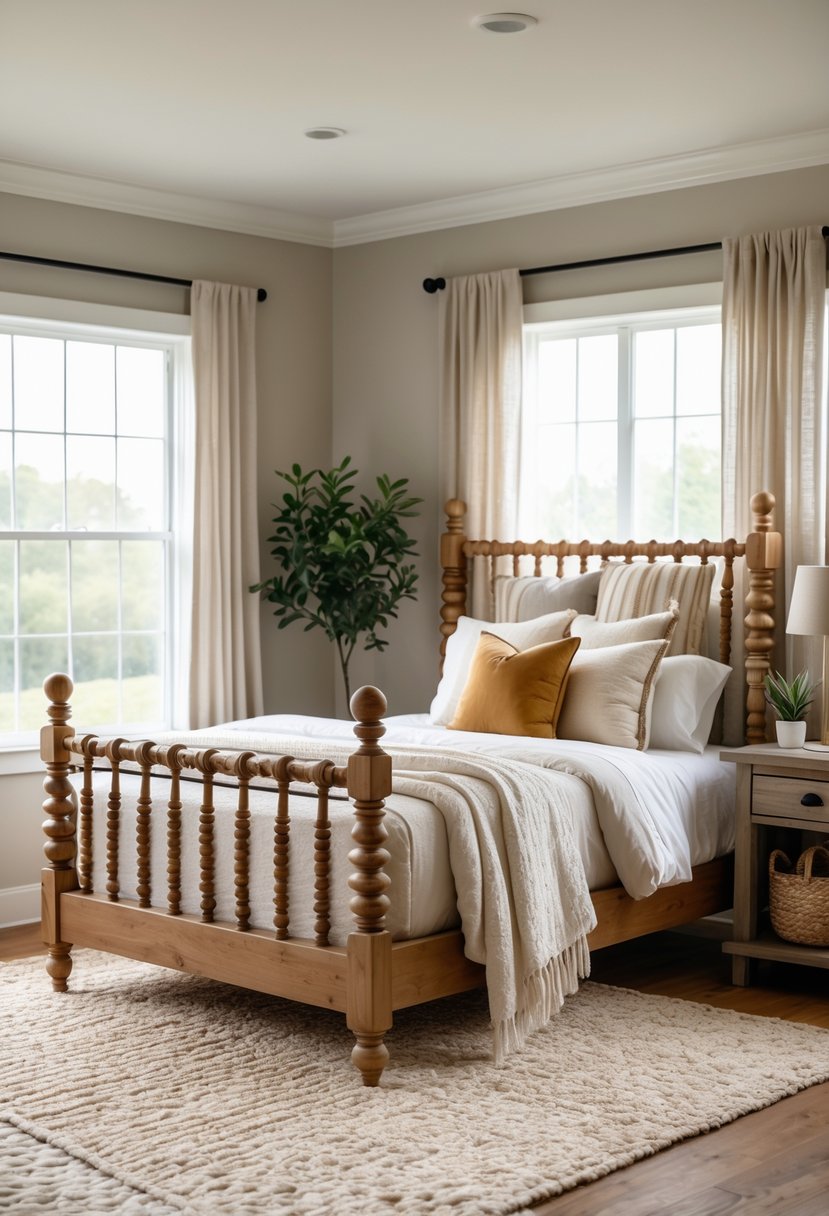 A cozy bedroom with a spindle bed frame, wooden nightstand, and soft natural lighting.