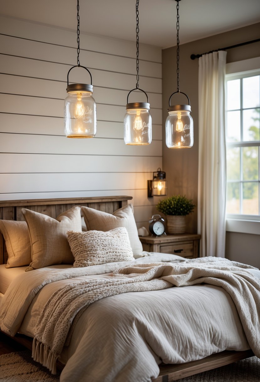 A bedroom with three mason jar pendant lights hanging above a bed with neutral bedding and wooden furniture.