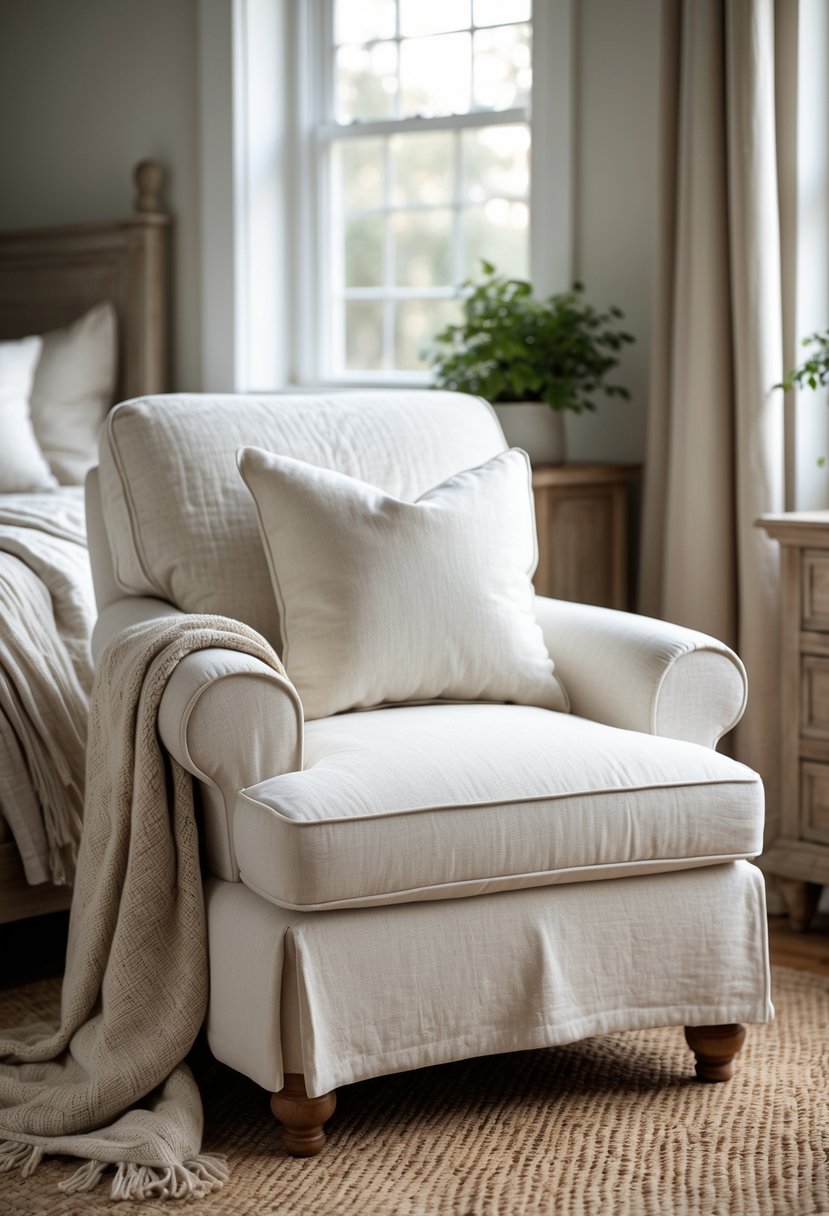 A bedroom with a slipcovered armchair near a window, a bed, wooden furniture, and soft natural lighting.
