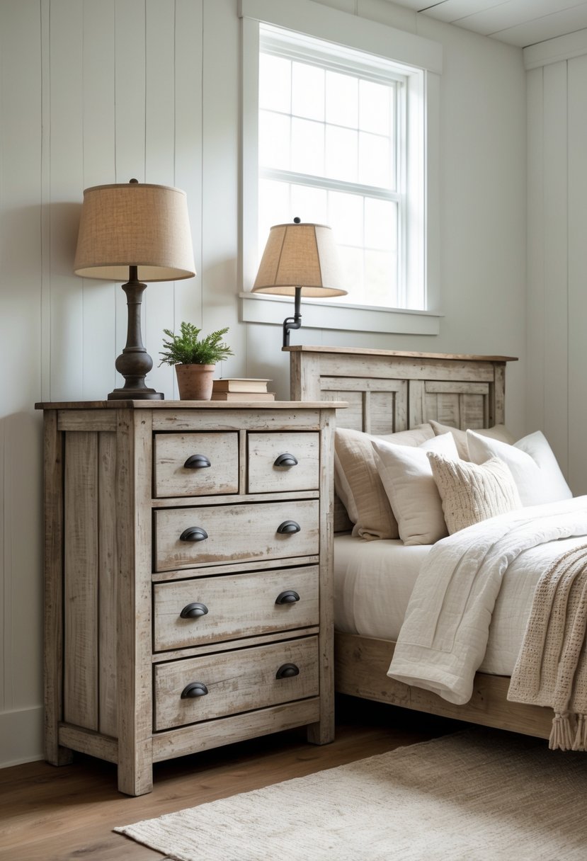 A wooden dresser with a weathered finish in a bedroom with a bed, lamp, and plant nearby.