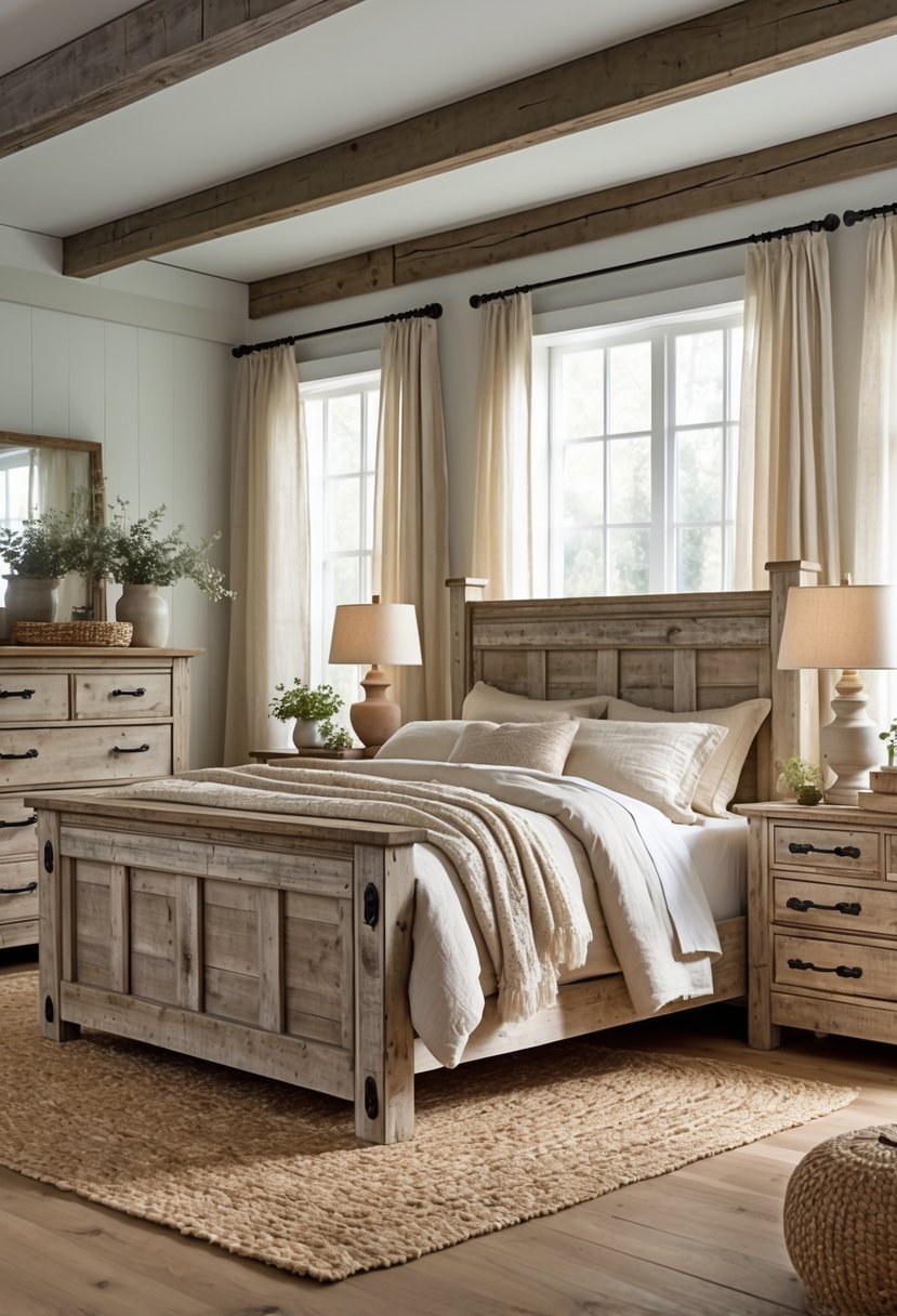 A cozy bedroom with a wooden bed, matching nightstands, soft bedding, and natural light coming through a window.
