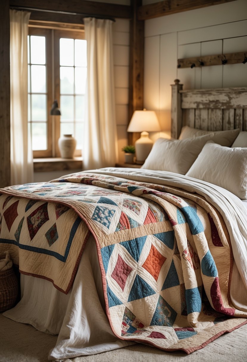 A bed layered with colorful patchwork quilts over soft linen bedding in a cozy bedroom.
