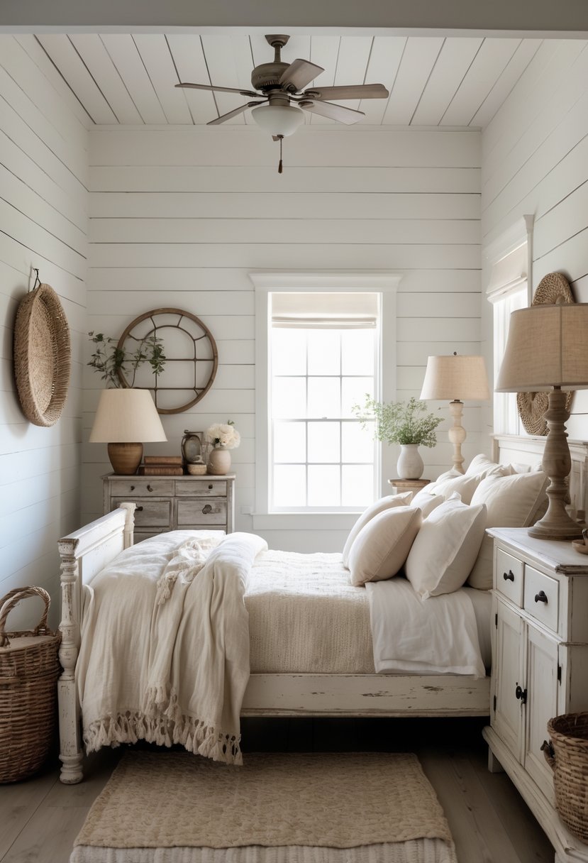 A cozy bedroom with whitewashed wooden walls, a bed with soft linens, and rustic wooden furniture.