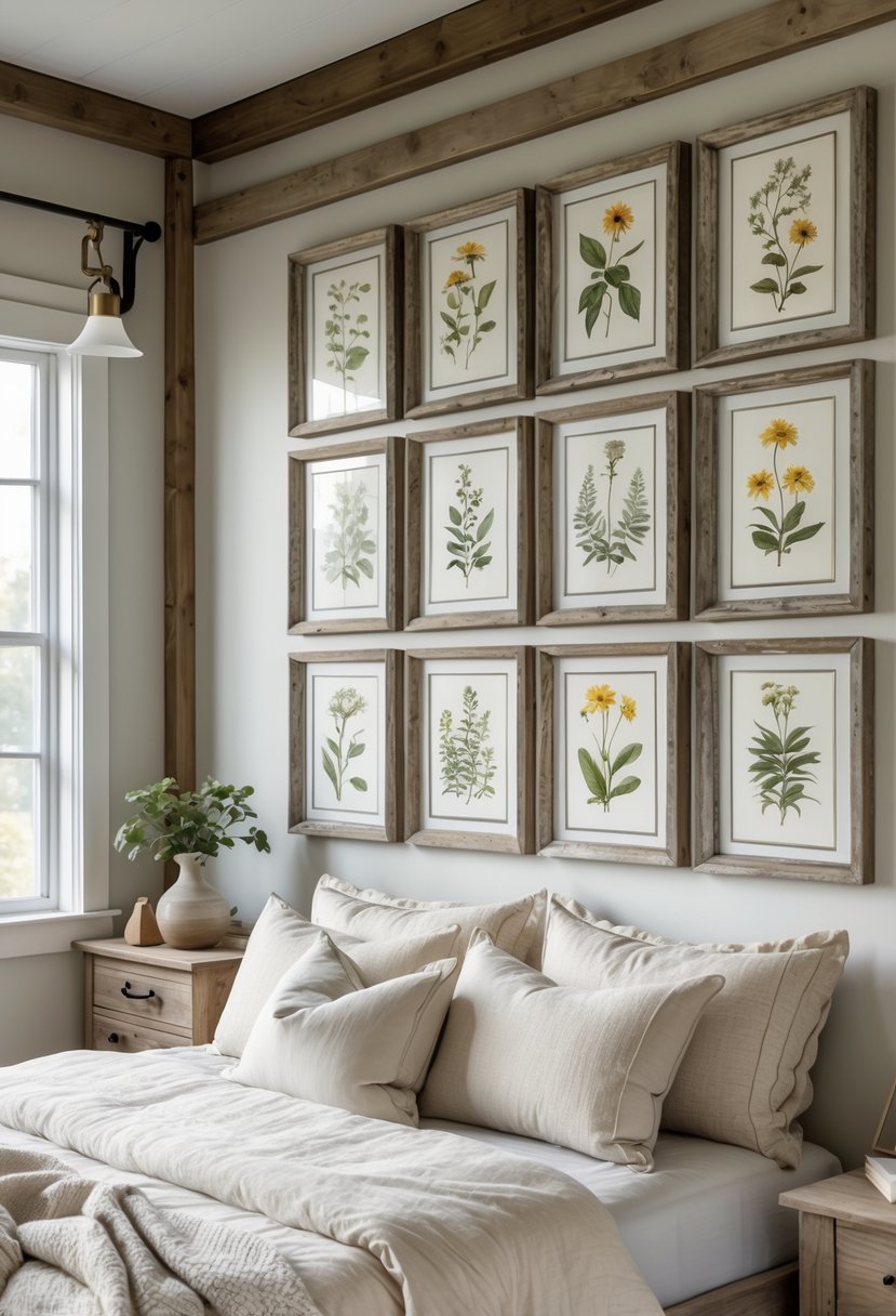 A bedroom with vintage botanical prints in distressed wooden frames displayed on the wall above a bed with neutral bedding.