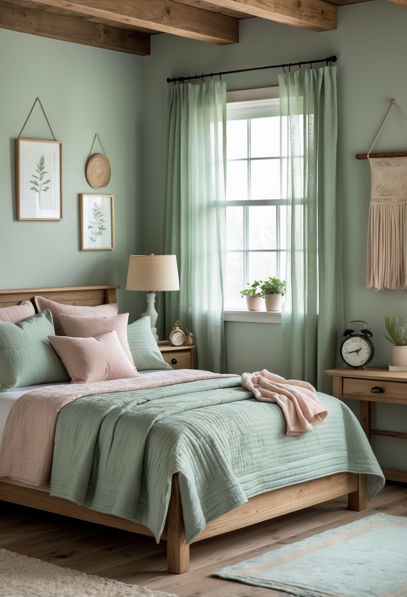 A cozy bedroom with a wooden bed, soft pastel bedding, rustic furniture, and natural light coming through sheer curtains.