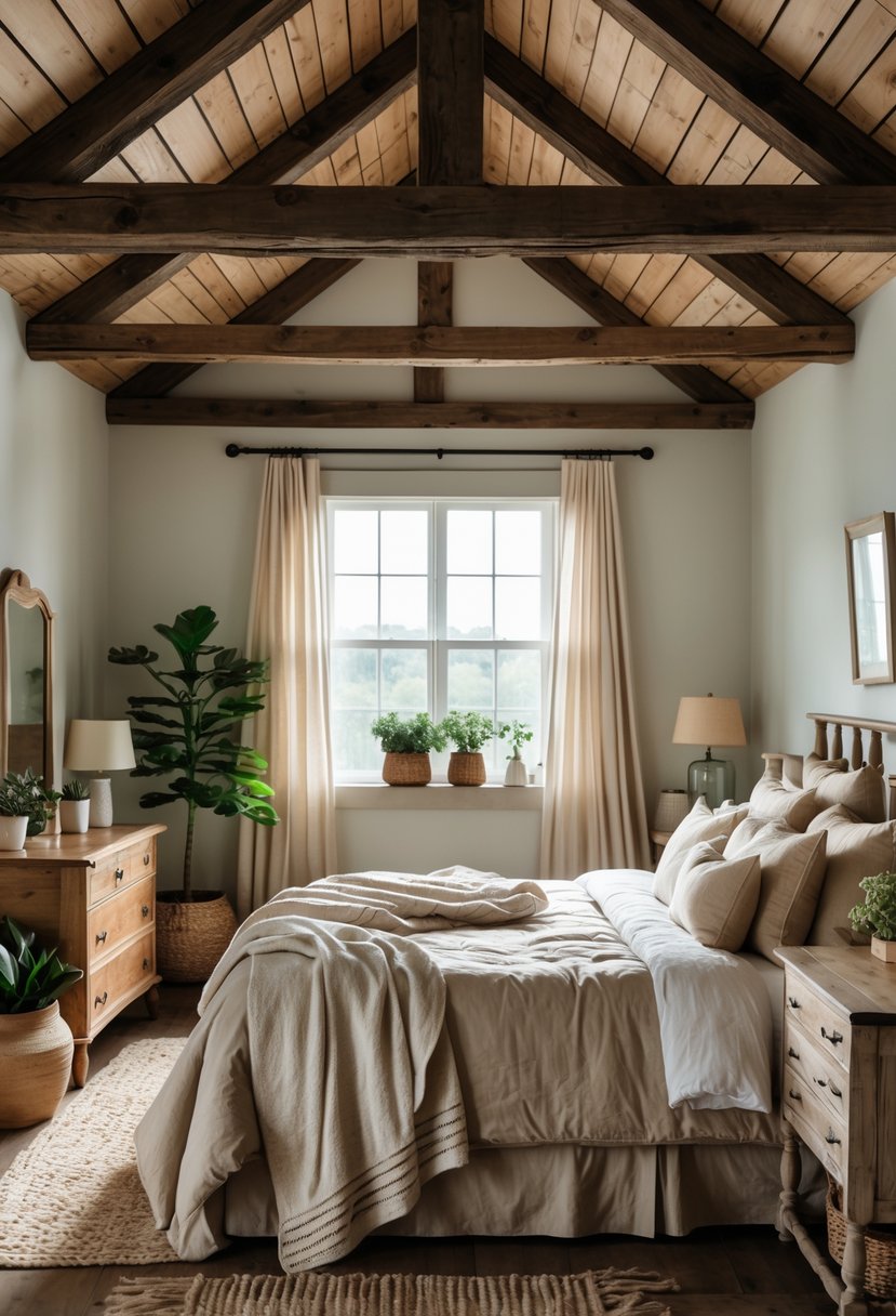 A bedroom with exposed wooden ceiling beams, a bed with neutral linens, wooden furniture, and natural light coming through a window.