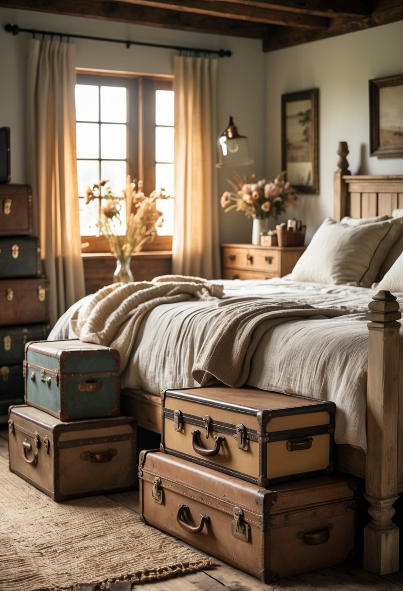 A cozy bedroom with a wooden bed, old trunks and suitcases used as storage, warm natural light, and rustic decor.