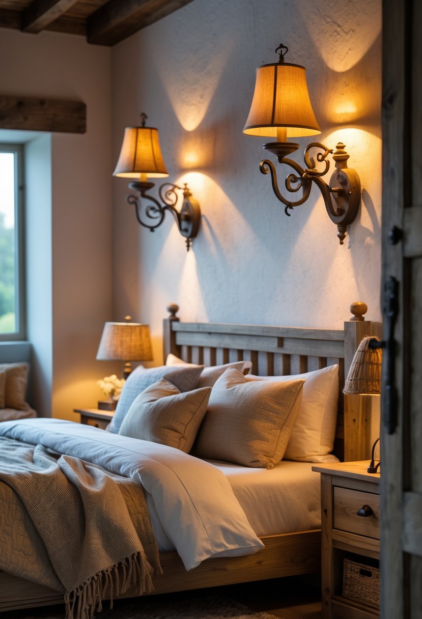 A cozy bedroom with iron wall sconces providing warm light above a neatly made bed and rustic furniture.
