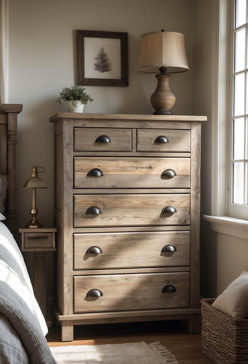 A wooden dresser with drawers in a bedroom with a bed and lamp nearby.