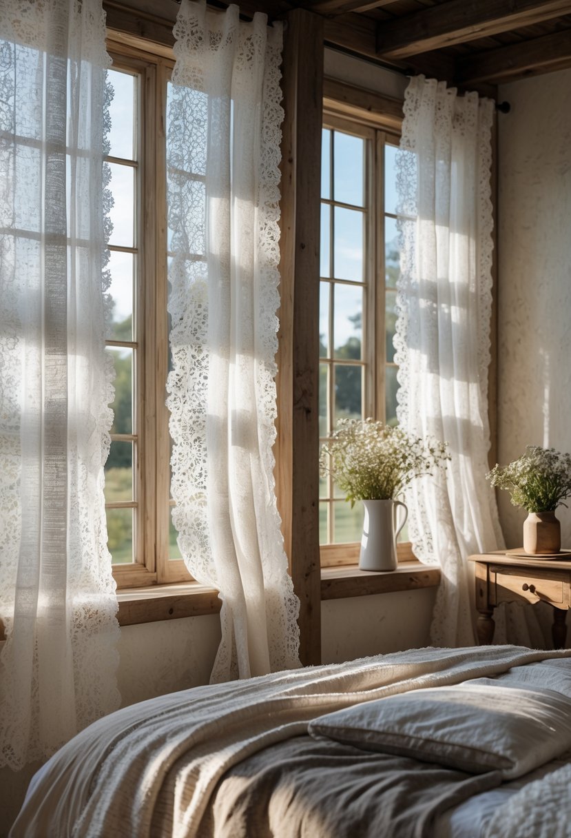 A cozy bedroom with large windows covered by delicate lace curtains, rustic wooden furniture, and soft natural light filling the room.
