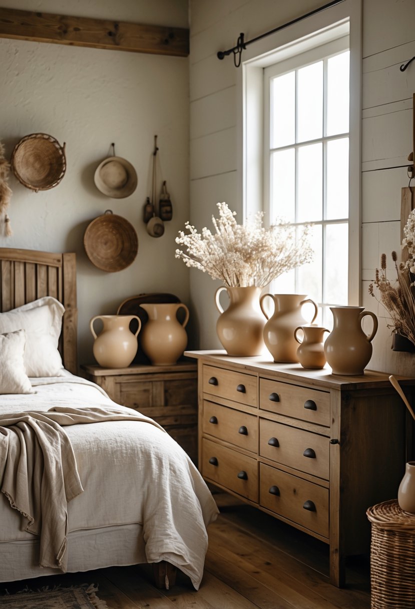 A bedroom with a wooden bed and dresser, decorated with ceramic pitchers and crocks on the furniture.