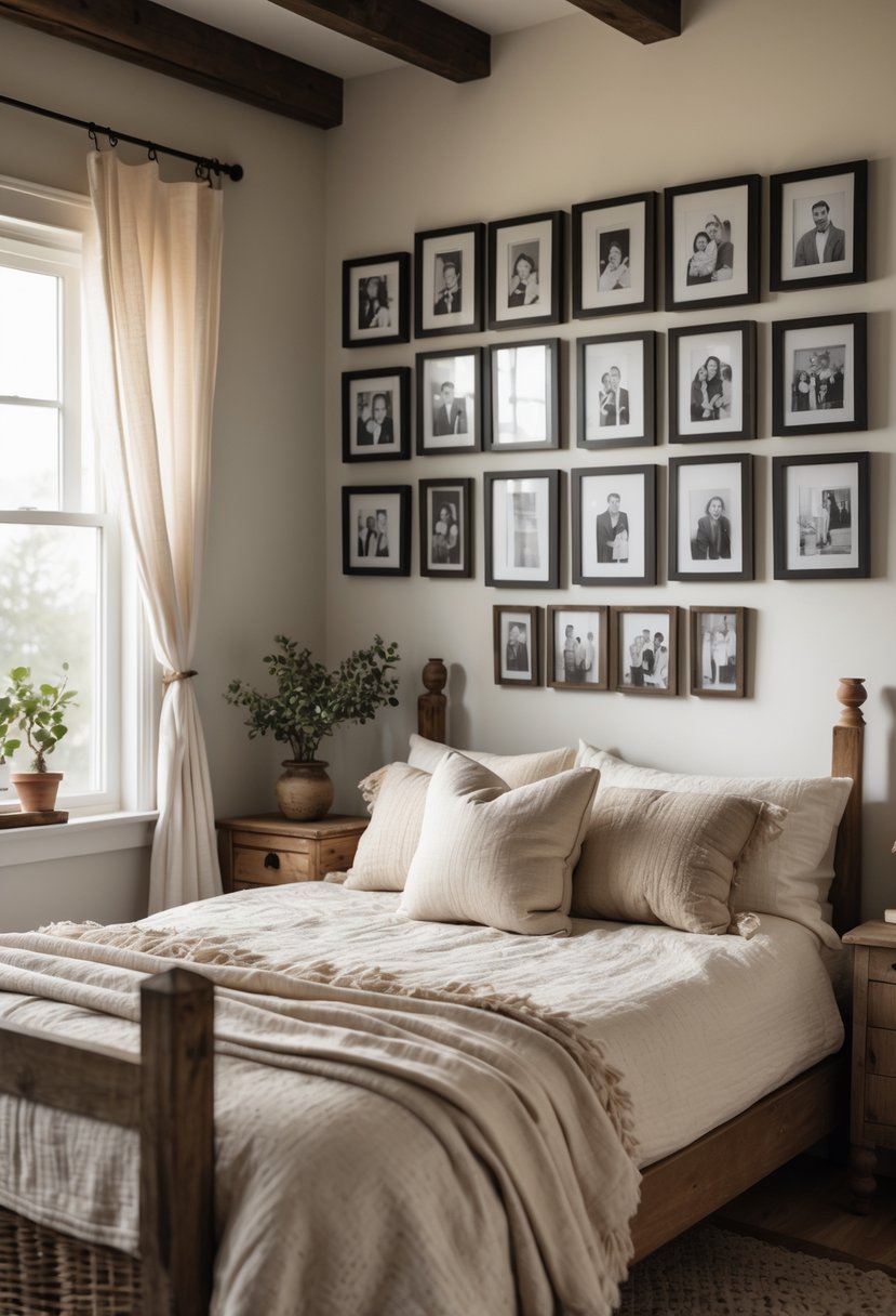 A bedroom with a wall displaying black-and-white family photographs above a bed with rustic wooden furniture and soft natural light.