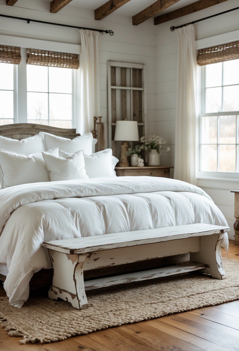 A bedroom with a bed and a wooden bench with weathered paint at the foot of the bed.