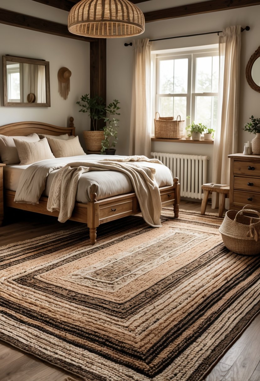 A bedroom with a wooden bed, layered rugs on the floor, a nightstand, and natural light coming through a window.