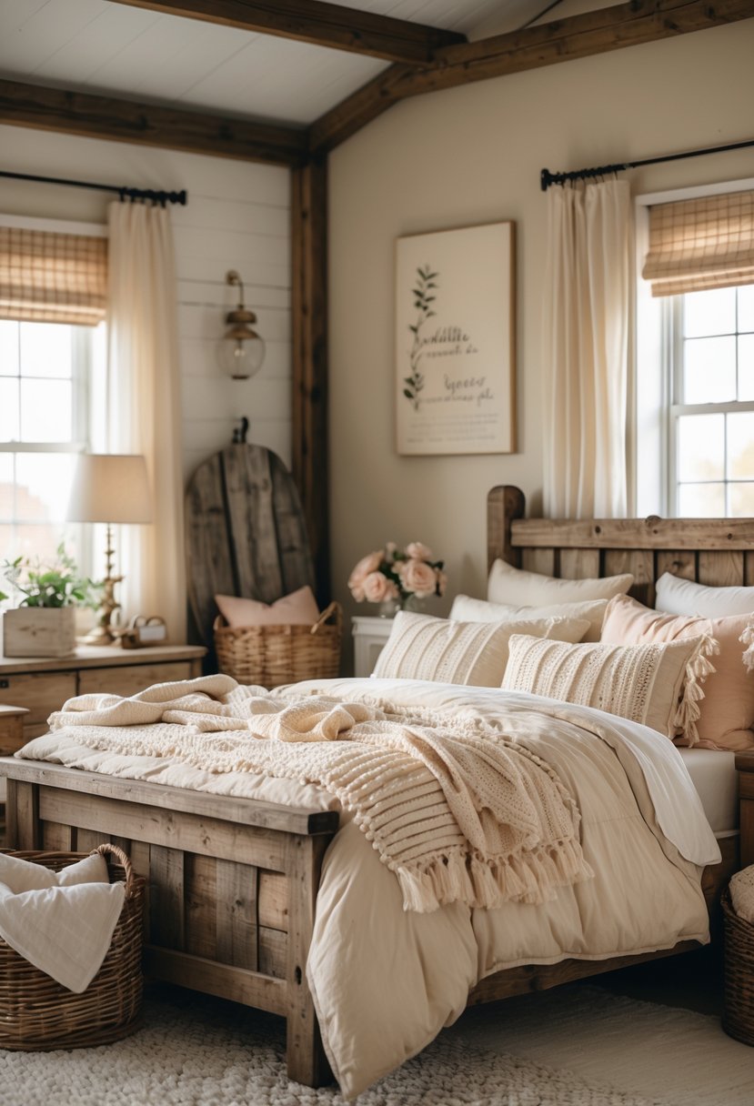 A cozy bedroom with a wooden bed, soft bedding, and rustic furniture creating a warm and inviting atmosphere.