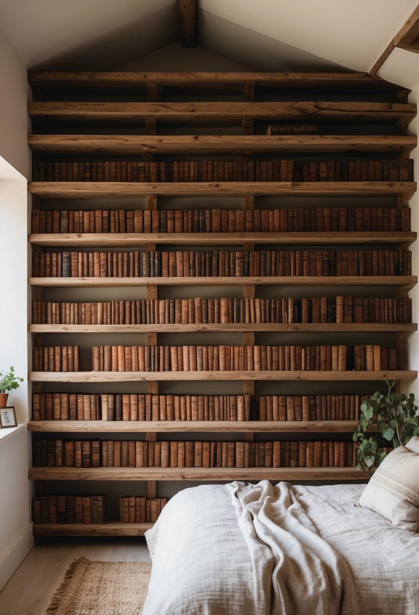 A bedroom with open rustic wood shelves filled with vintage books next to a neatly made bed.