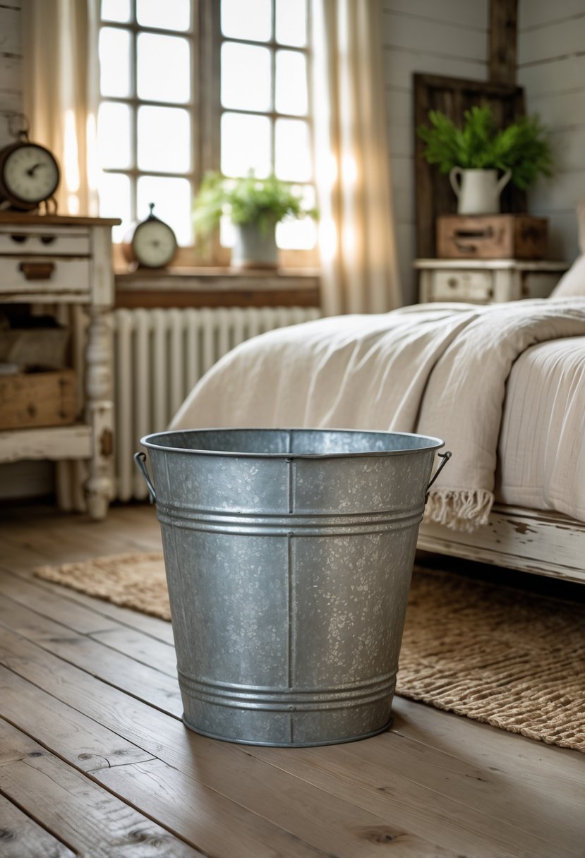 Galvanized metal bucket placed on the floor next to a bed in a cozy bedroom with wooden furniture and natural light.