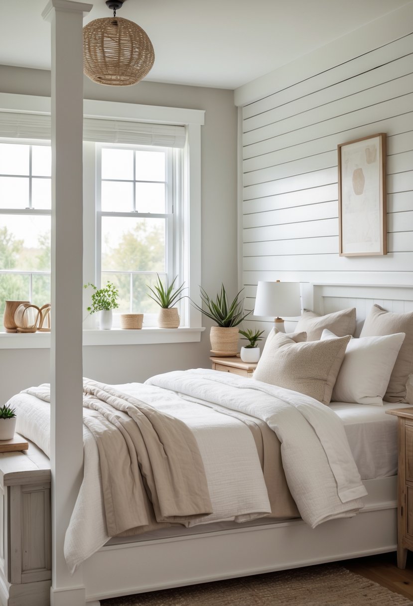 A bedroom with a white shiplap accent wall, a bed, wooden furniture, and natural light.