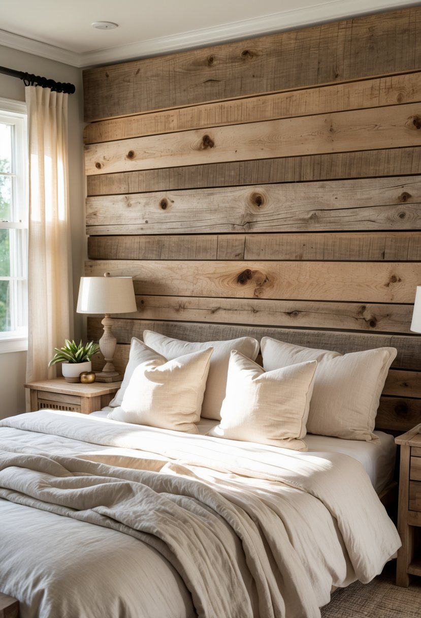 A bedroom with a bed featuring a large wooden headboard made from reclaimed wood, with pillows and a bedside table visible.