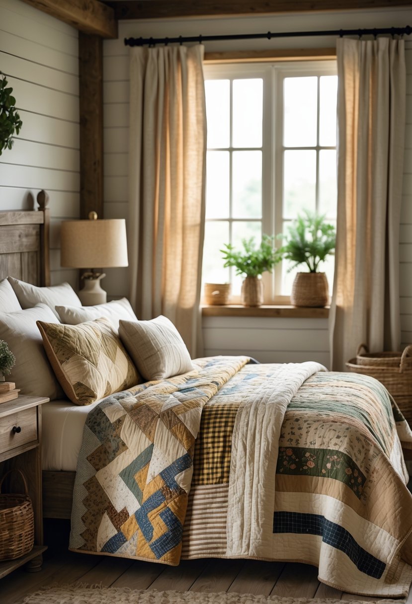 A bedroom with a bed covered in layered quilts and rustic wooden furniture.