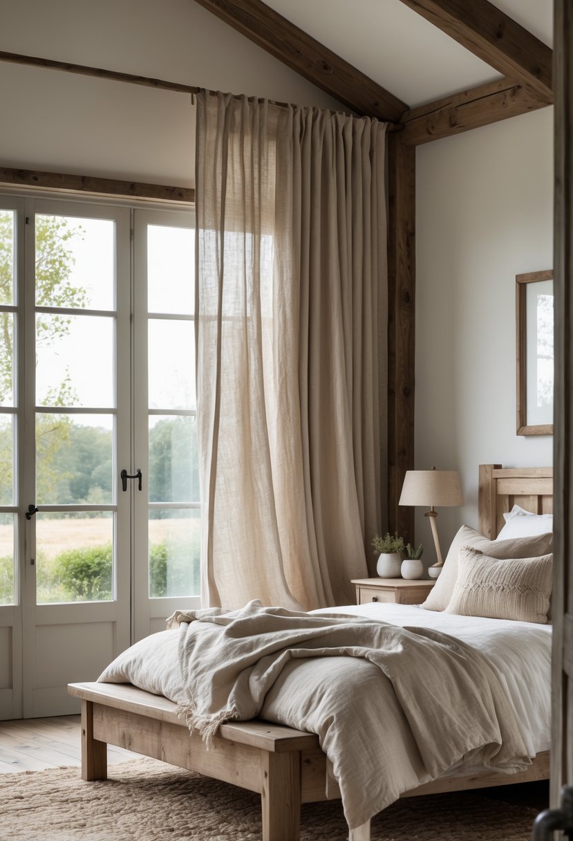 A cozy bedroom with soft linen curtains in muted tones covering large windows, wooden bed, and warm natural light.