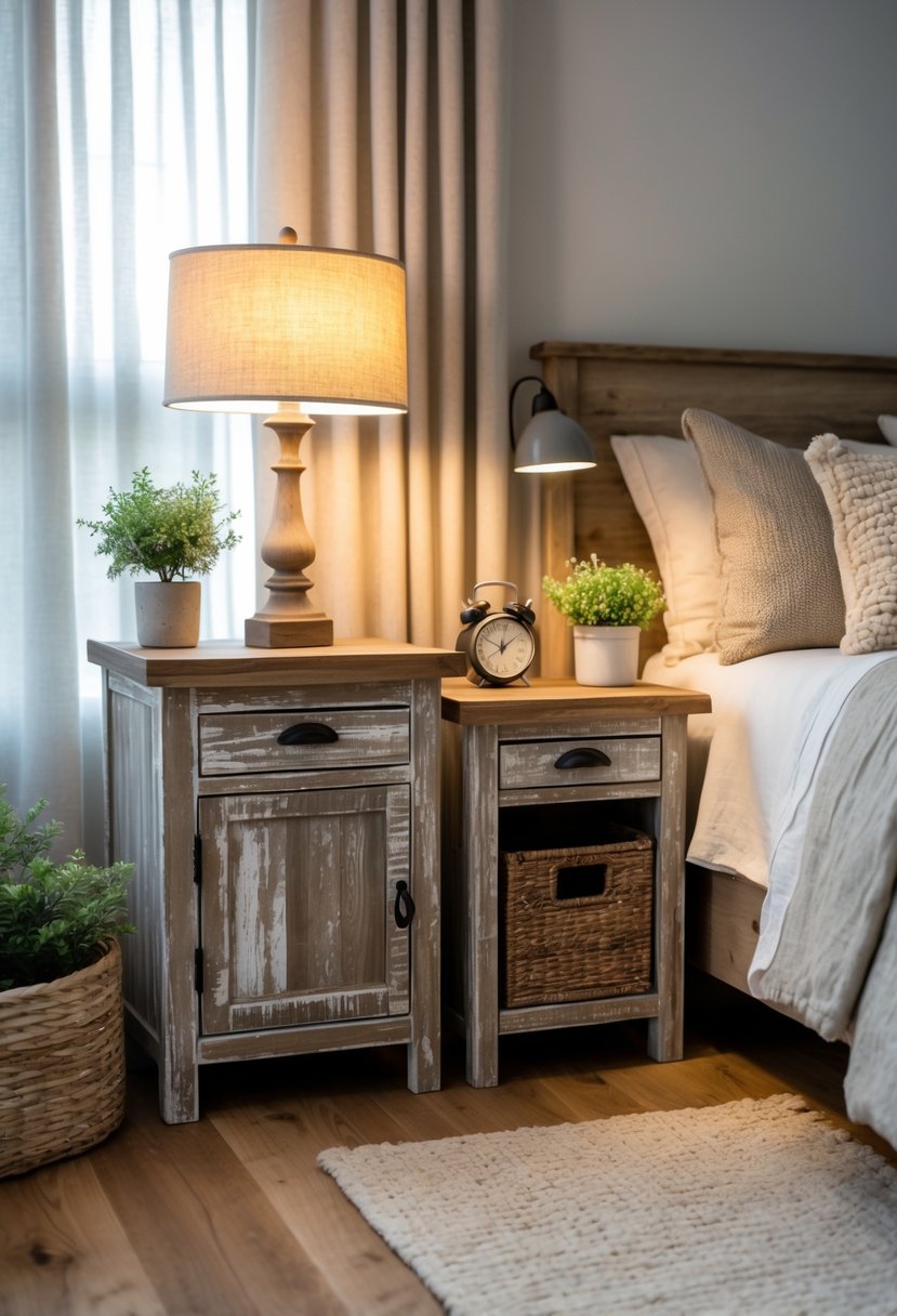 A bedroom with two distressed wooden nightstands beside a bed, each holding a lamp and decorative items, with natural light coming through a window.