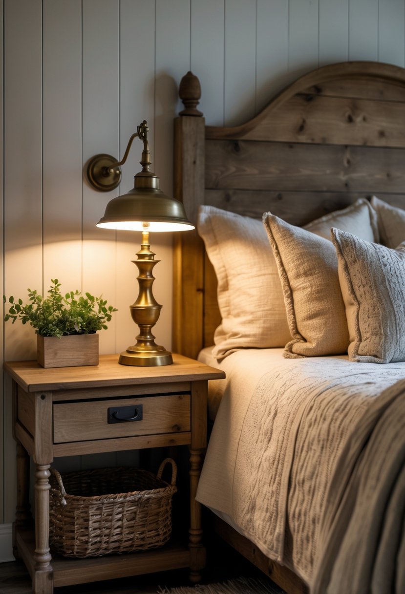 A bedroom with antique brass bedside lamps glowing softly on wooden nightstands next to a bed with neutral linens.