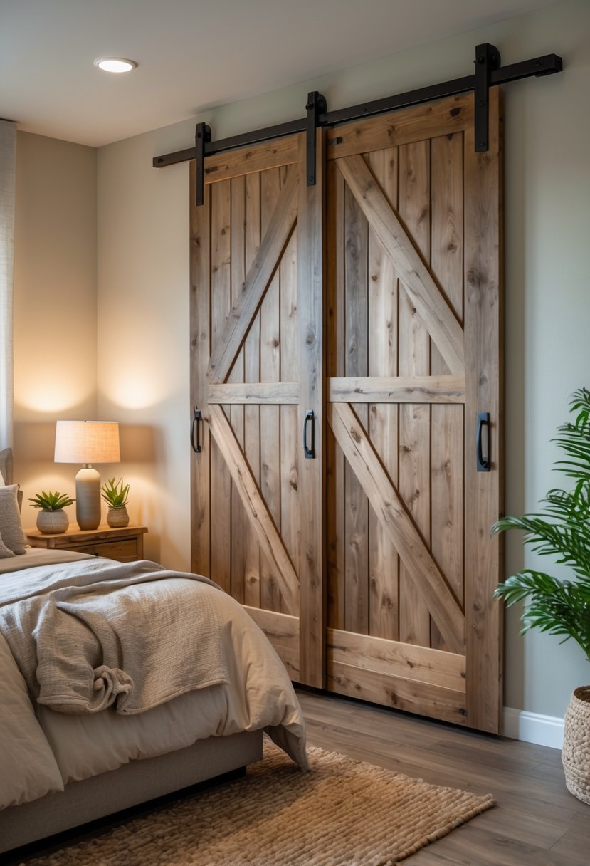 A bedroom with wooden sliding closet doors, a bed with pillows, a nightstand with a lamp, and plants.
