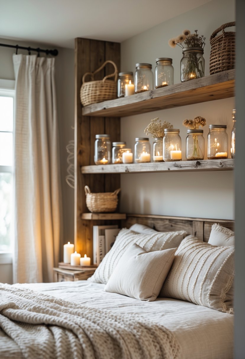Open wooden shelves in a bedroom holding mason jars with dried flowers and candles, next to a neatly made bed.