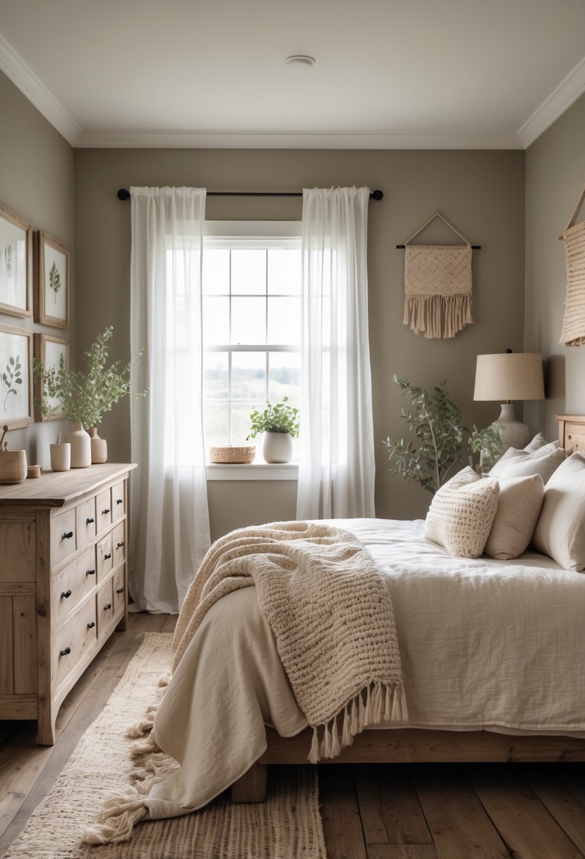 A cozy bedroom with a wooden bed, beige linens, wooden furniture, soft natural light, and potted plants.