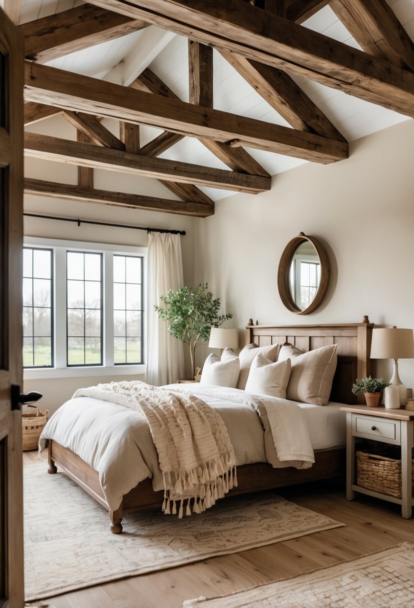 A bedroom with exposed wooden ceiling beams, a bed with neutral linens, and natural light coming through large windows.